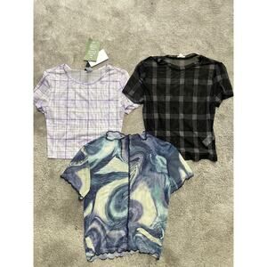 Womens Juniors 3 Mesh Crop Tops Designs Plaid Purple Black Blue Size XS